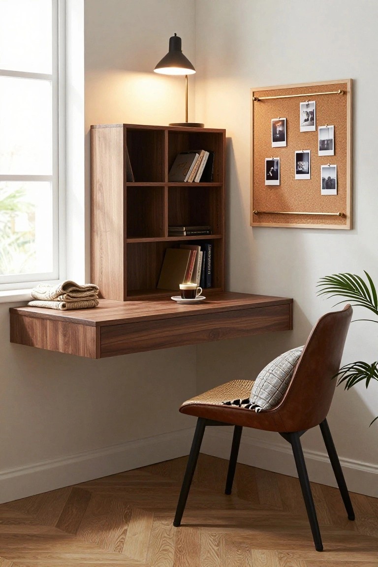 A wooden floating desk with overhead cubby shelves mounted in a corner, paired with a brown leather chair.