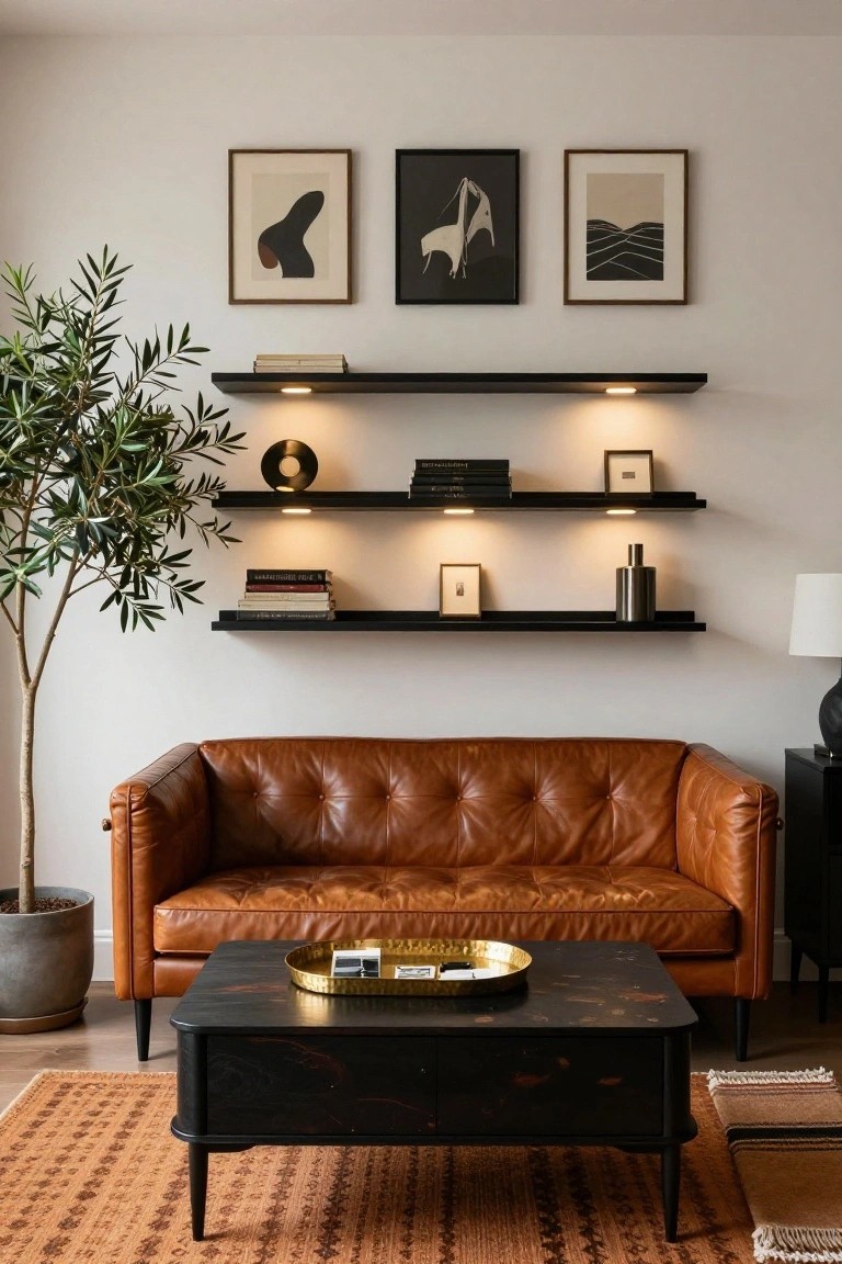 A living room with a brown leather sofa below three tiers of black floating shelves holding books, a record, and small framed pieces, with a large potted tree to the left.