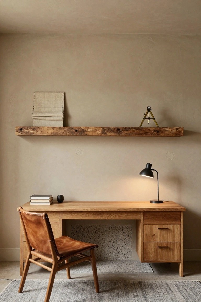 A light wood desk with a brown leather chair sits below a long floating wood shelf mounted on a beige wall, with a black desk lamp and stacked books on the desk surface.