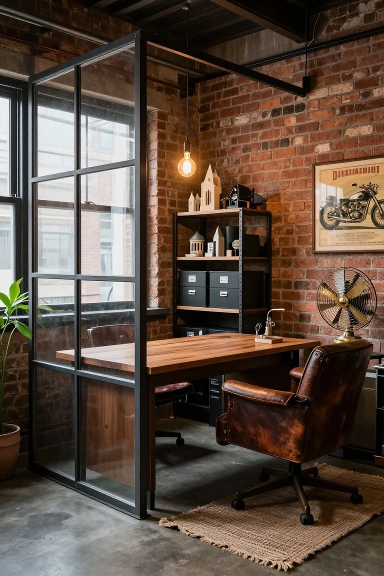 An industrial-style home office featuring a wooden desk, brown leather chair, black metal and glass partition, and exposed brick wall with shelving.