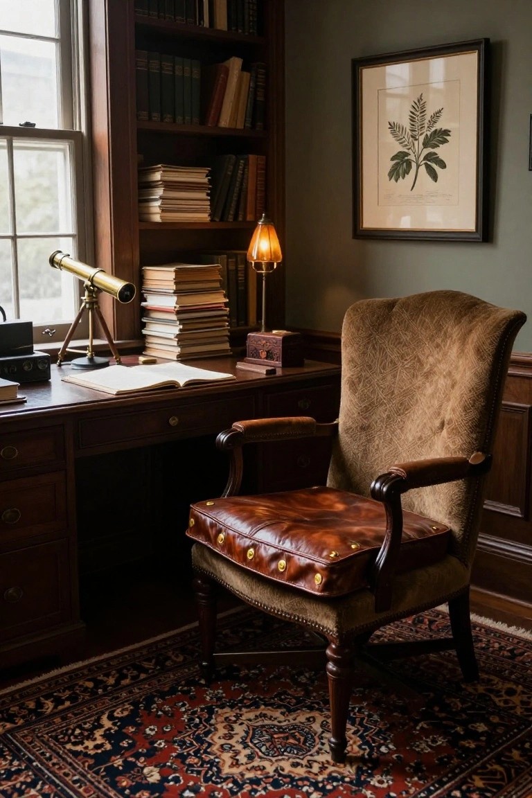 A home office with a dark wood desk, built-in bookshelves, an open book, a brass telescope, a brown leather and fabric armchair on a patterned rug, and a framed botanical print on the wall.