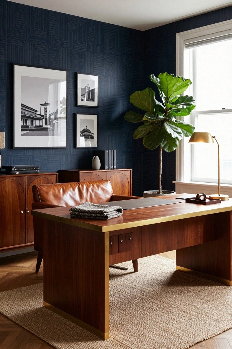 A home office with a large wooden desk, brown leather chair, dark blue textured wallpaper, framed black and white photos, and a tall potted plant by the window.