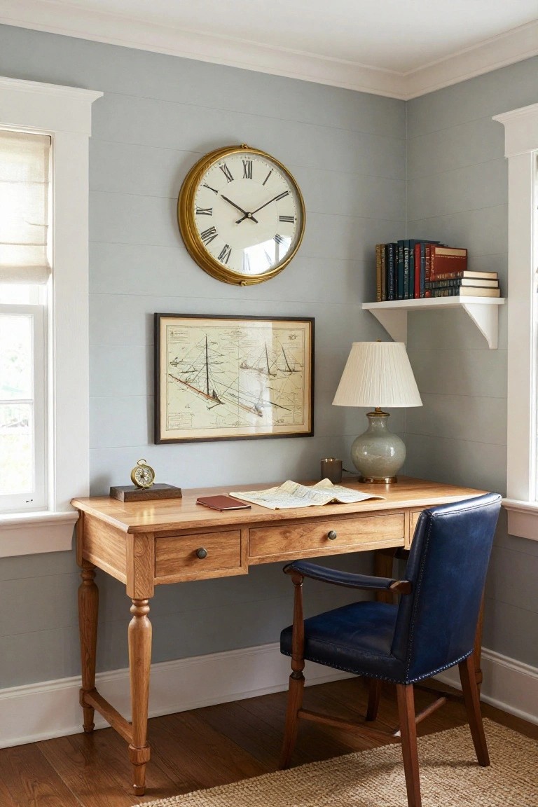 A wooden desk with a blue leather chair sits against a light blue shiplap wall, with a large round clock above a framed nautical print and a shelf of books to the right.