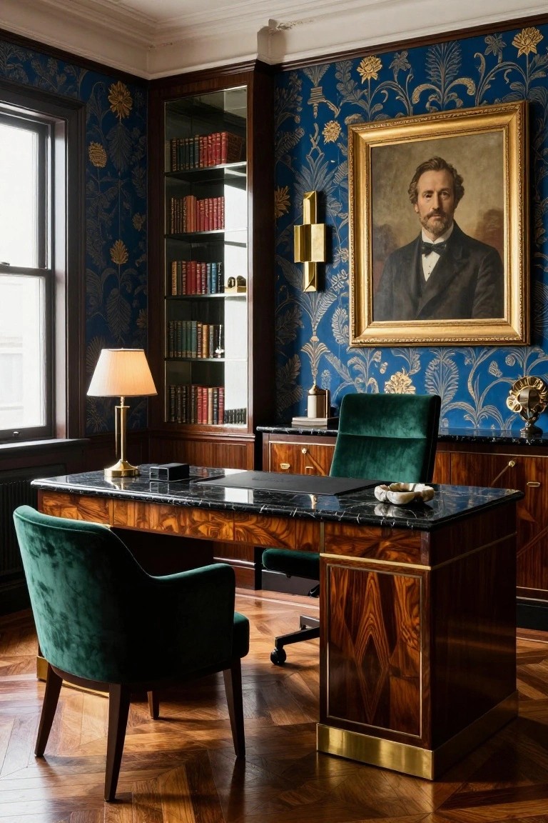 Elegant office with dark wood desk, green velvet chairs, blue floral wallpaper, and portrait.