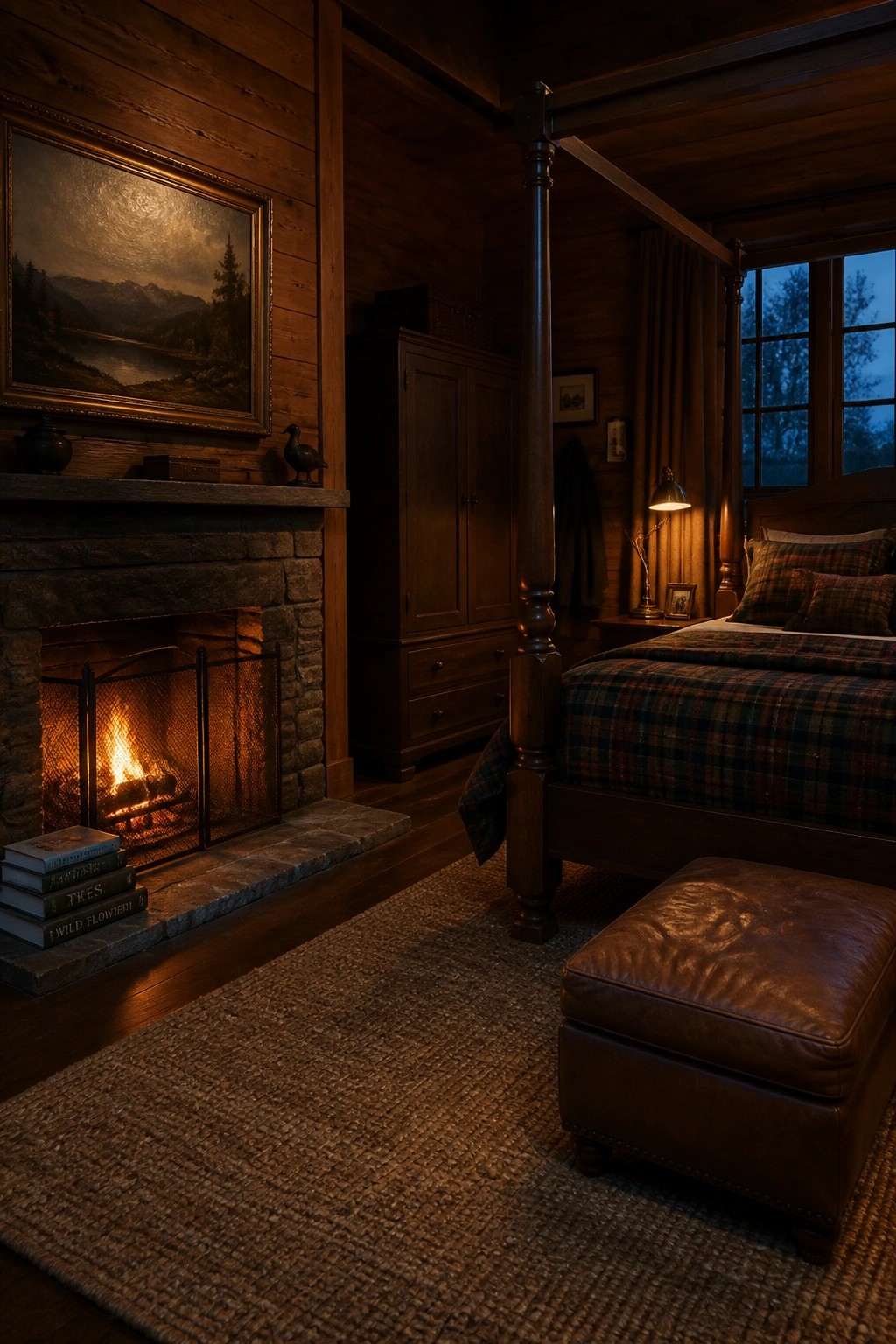 A bedroom interior with a lit stone fireplace on the left, a four-poster bed with plaid bedding on the right, dark wood paneling, and a leather ottoman in the foreground.