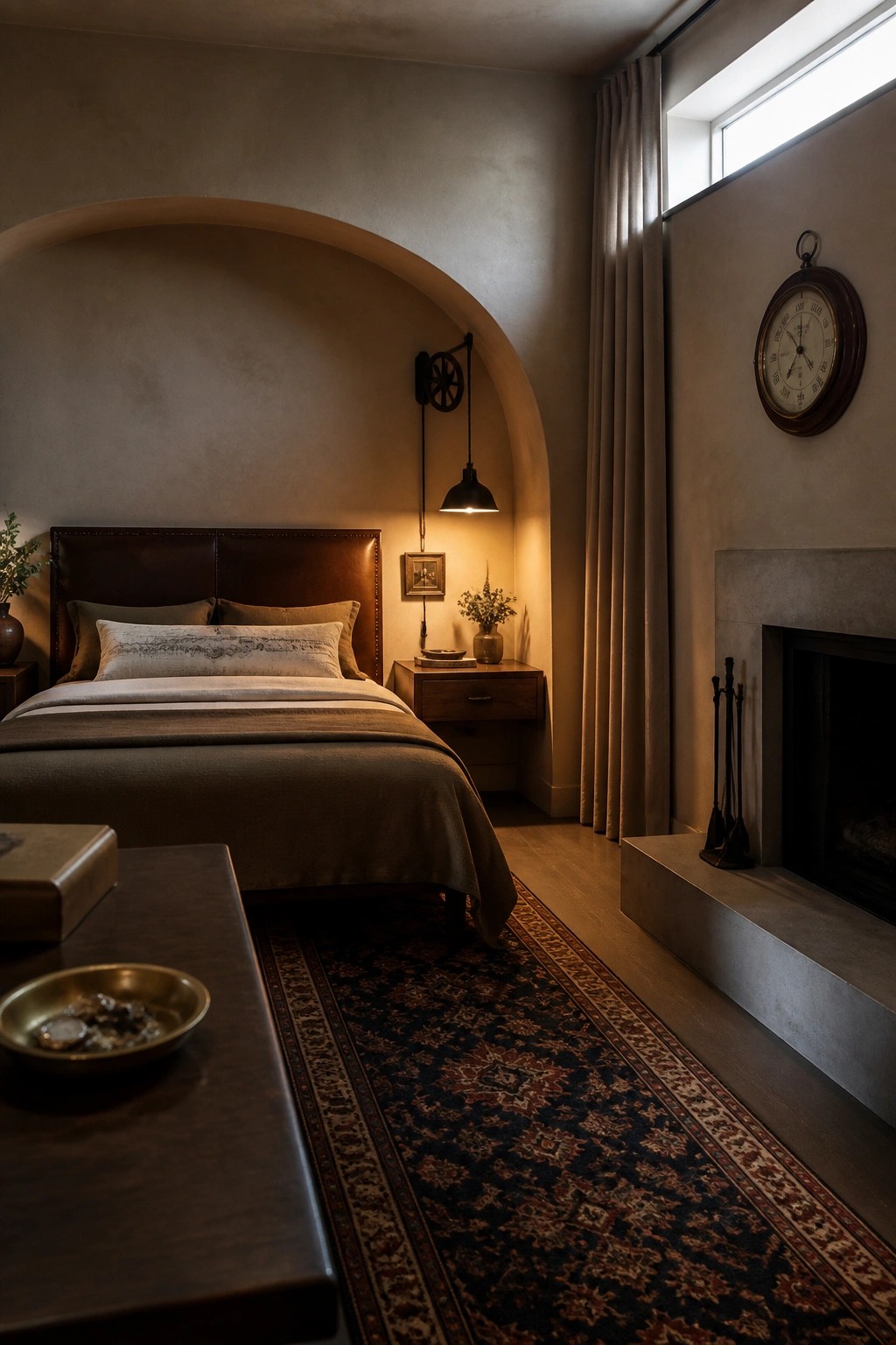 Rustic bedroom with arched alcove bed, stone fireplace, clock, and patterned rug.