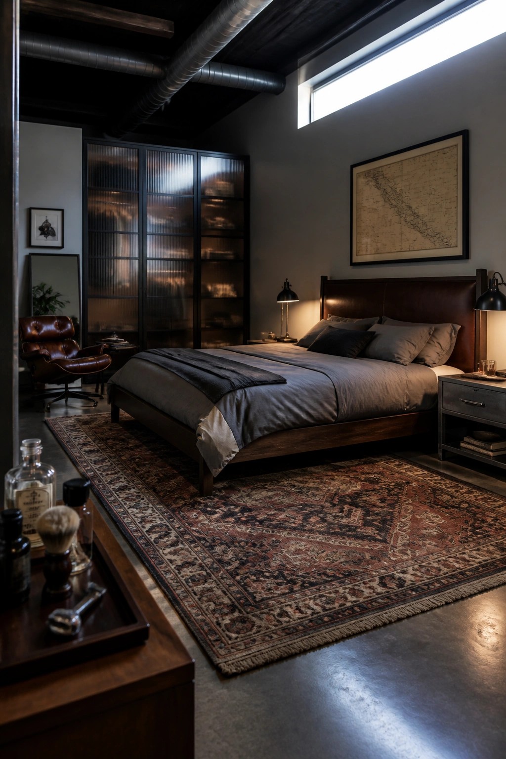 Dark industrial bedroom with wooden bed, vintage rug, leather chair, and pipes