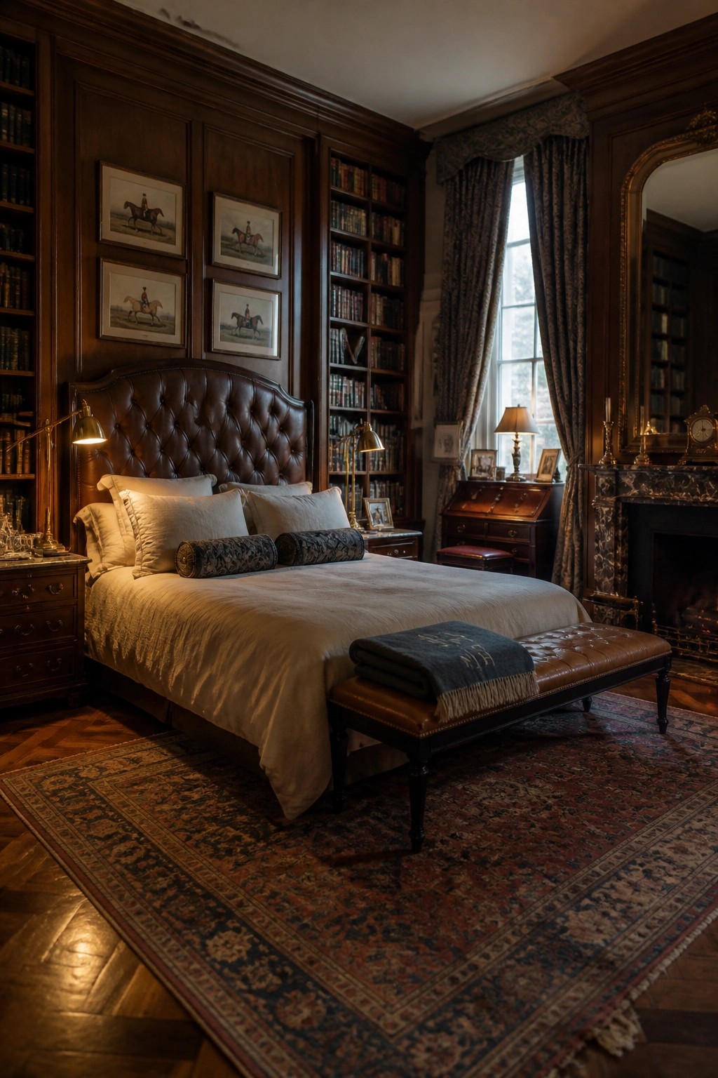 Luxurious dark wood bedroom with tufted leather bed, bookshelves, fireplace, and Persian rug.