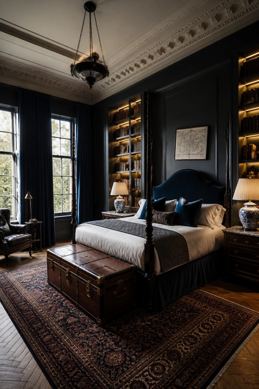 A dark navy bedroom featuring a four-poster bed, built-in illuminated bookshelves on either side, and a large patterned rug on herringbone wood flooring.