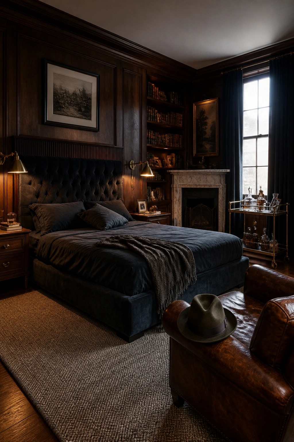 A dark wood-paneled bedroom with a large tufted bed, built-in bookshelves flanking a marble fireplace, a leather armchair, and a window with navy curtains.