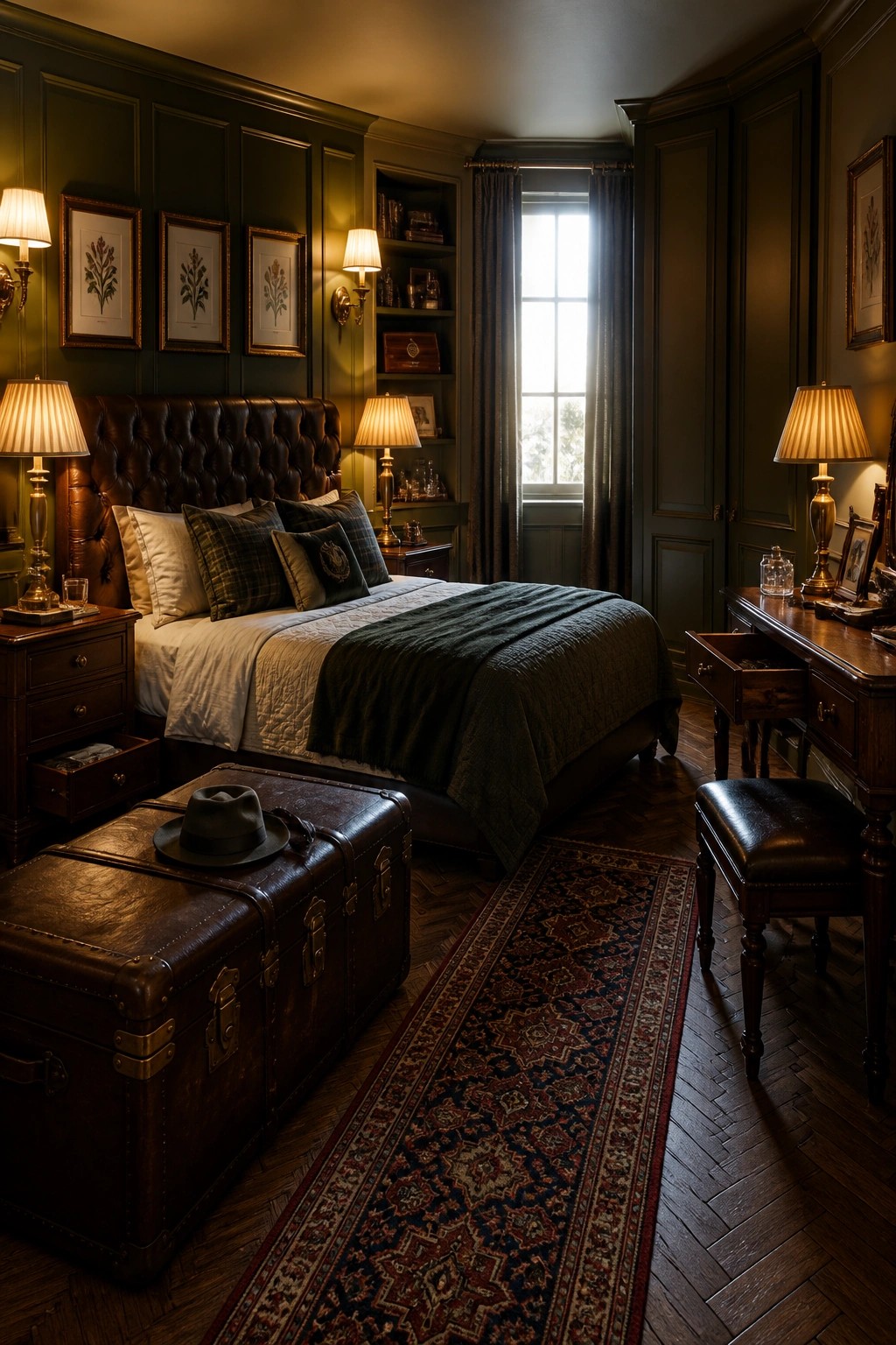 A bedroom interior featuring dark green paneled walls, a brown leather headboard, a large leather trunk at the foot of the bed, and a long patterned rug on dark wood flooring.