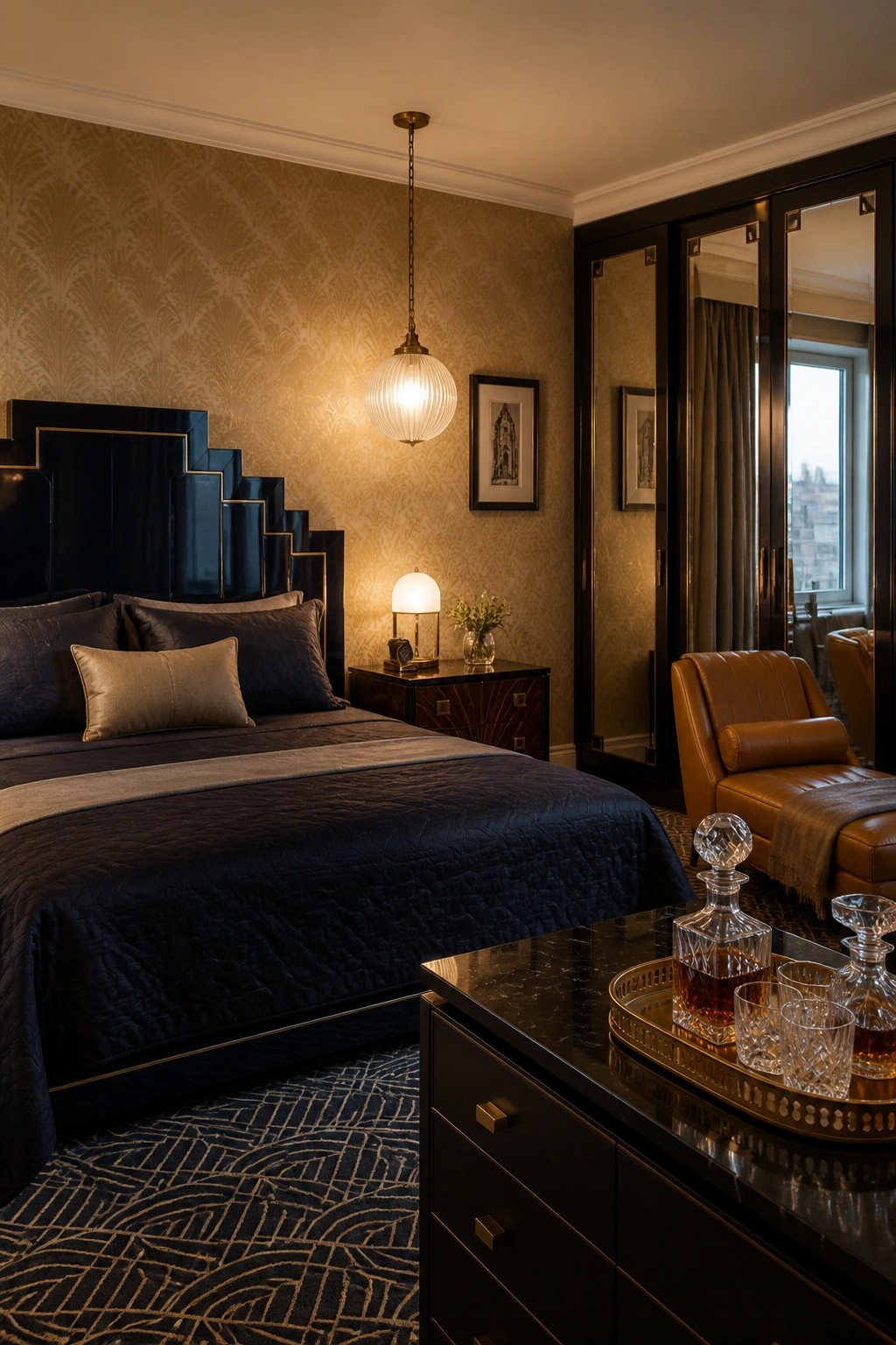 A bedroom with a dark geometric headboard, navy bedding, patterned wallpaper, a pendant light, and a black marble dresser holding glass decanters in the foreground.