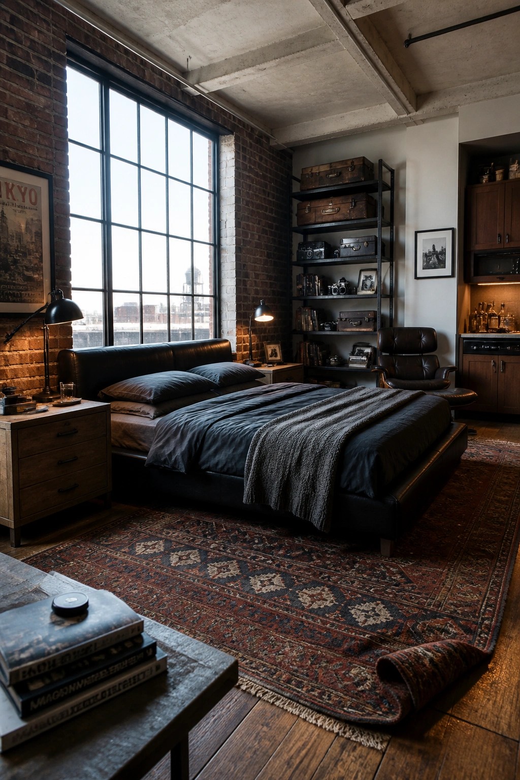 A spacious bedroom featuring a large black leather bed with dark bedding, positioned against exposed brick walls beneath a tall grid window, with wooden nightstands, metal shelving, and a patterned rug on the floor.