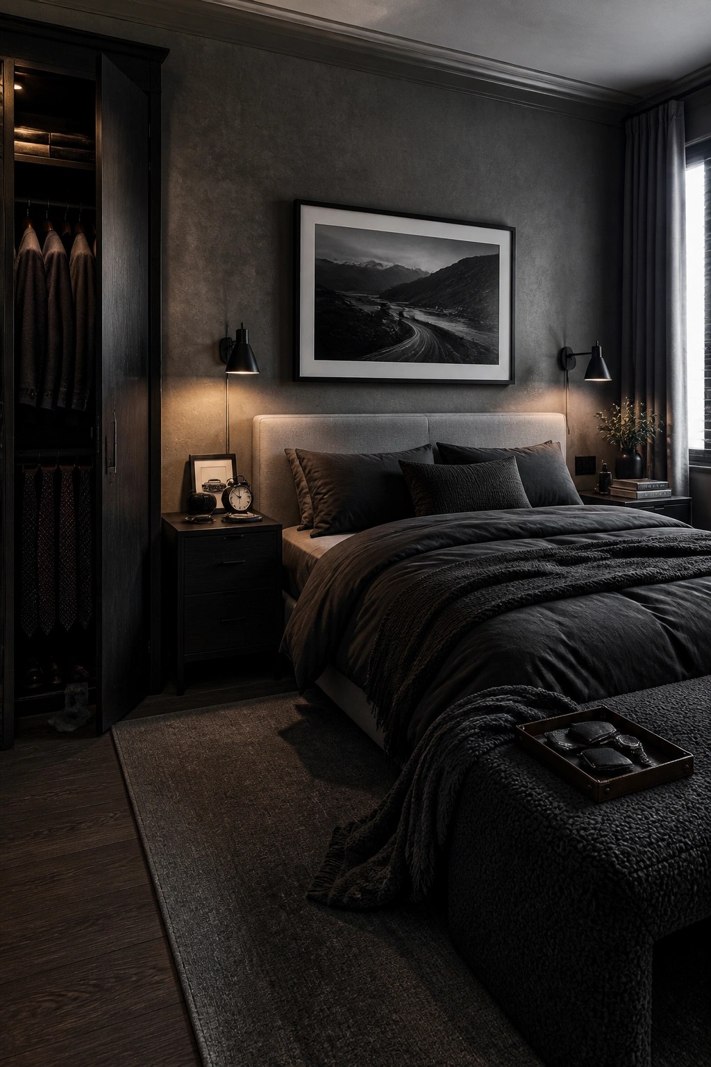 A bedroom with dark textured walls, a large bed covered in black and dark gray bedding, wall sconces, framed art above the bed, and an open dark wood closet on the left.