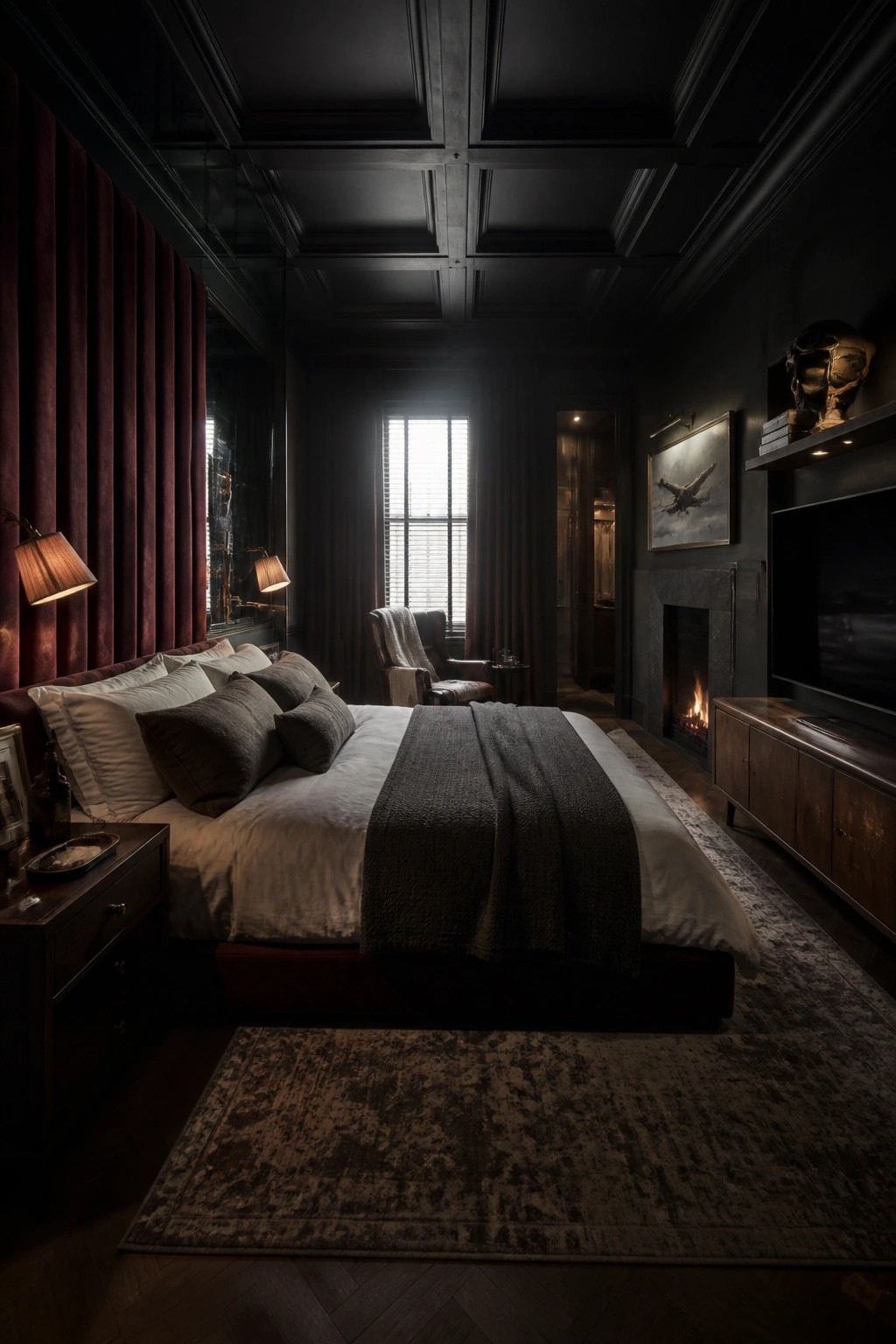 Dark luxurious bedroom with white bed, glowing fireplace, and velvet drapes