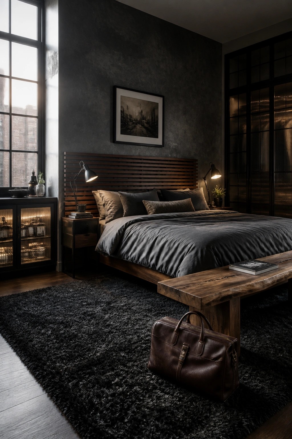 Dark modern bedroom with wooden bed, black rug, and leather duffel bag