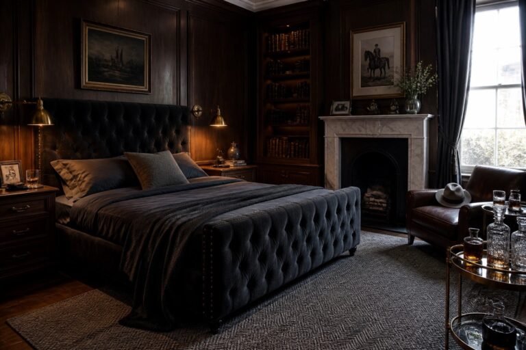 20 High End Gentleman Bedroom Ideas for a Truly Luxe Finish A dark wood-paneled bedroom with a large tufted bed, built-in bookshelves flanking a marble fireplace, a leather armchair, and a window with navy curtains.