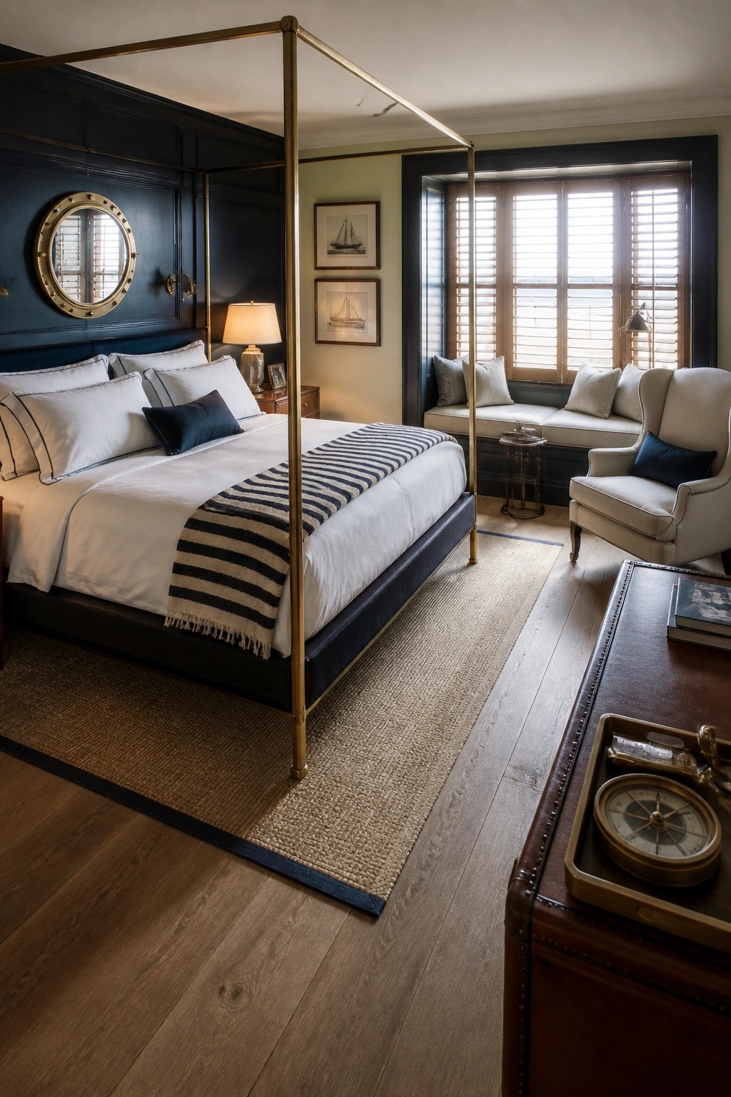 A bedroom with a tall brass four-poster bed, white bedding, striped throw, dark blue walls, a round porthole mirror, and a window seat overlooking the water.