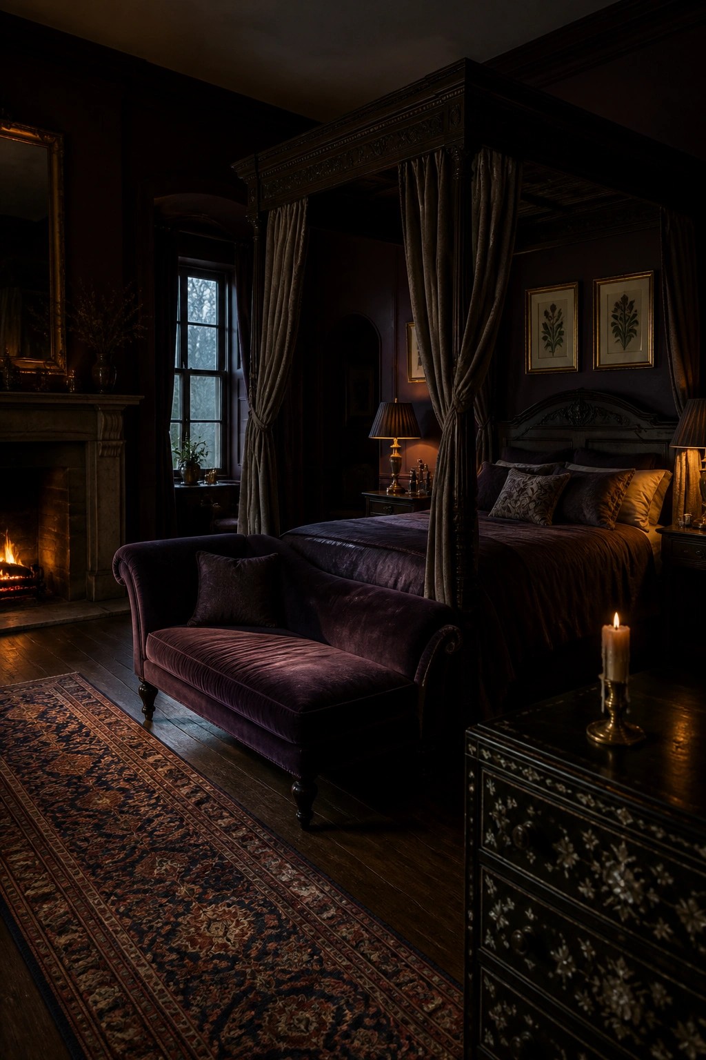 A dark bedroom with a four-poster bed draped in heavy gray curtains, a purple velvet chaise lounge in front, a lit fireplace on the left, and a patterned rug on the wooden floor.