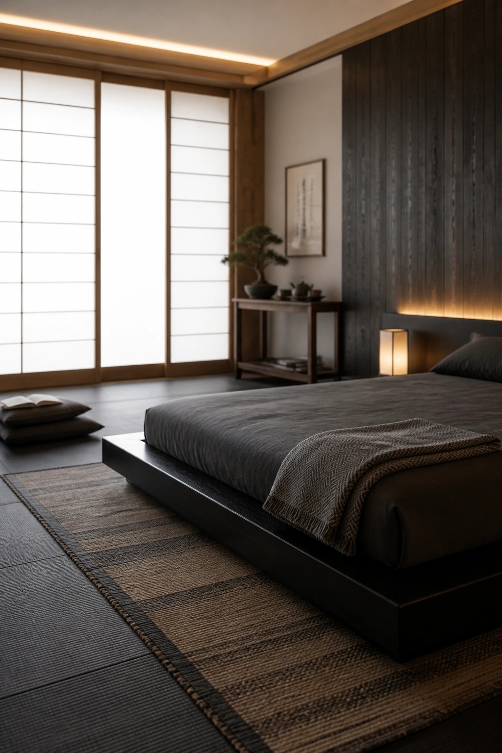 A low dark platform bed with gray bedding sits on a woven rug in a minimalist room with shoji screens and tatami-style flooring.