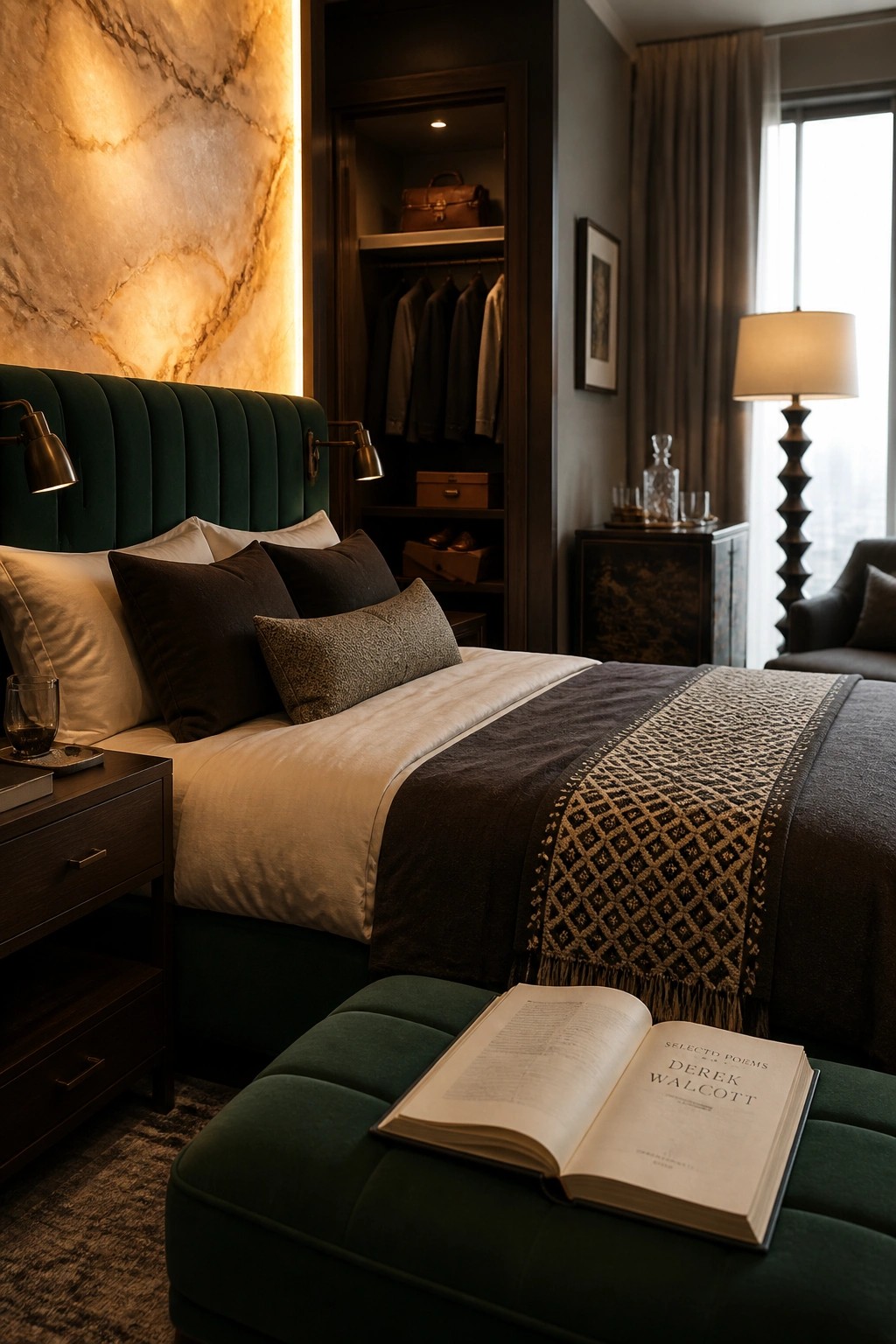 A bedroom with a green velvet bed, open dark wood closet showing hanging clothes and accessories, marble accent wall with lighting, and an open book resting on a green ottoman.