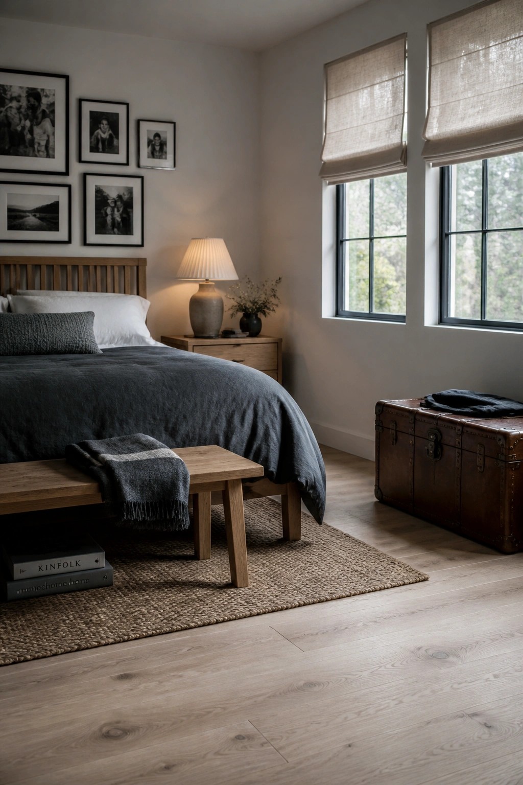 A bedroom featuring a wooden bed with dark gray bedding, a wooden bench, nightstand, and woven rug, with framed photos on the wall and two windows with rolled shades.
