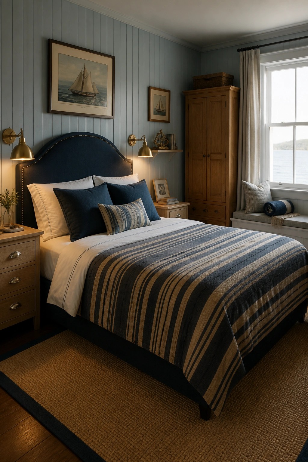 A bedroom featuring a navy upholstered bed with a blue and beige striped quilt, wooden nightstand and armoire, blue walls, and nautical artwork.