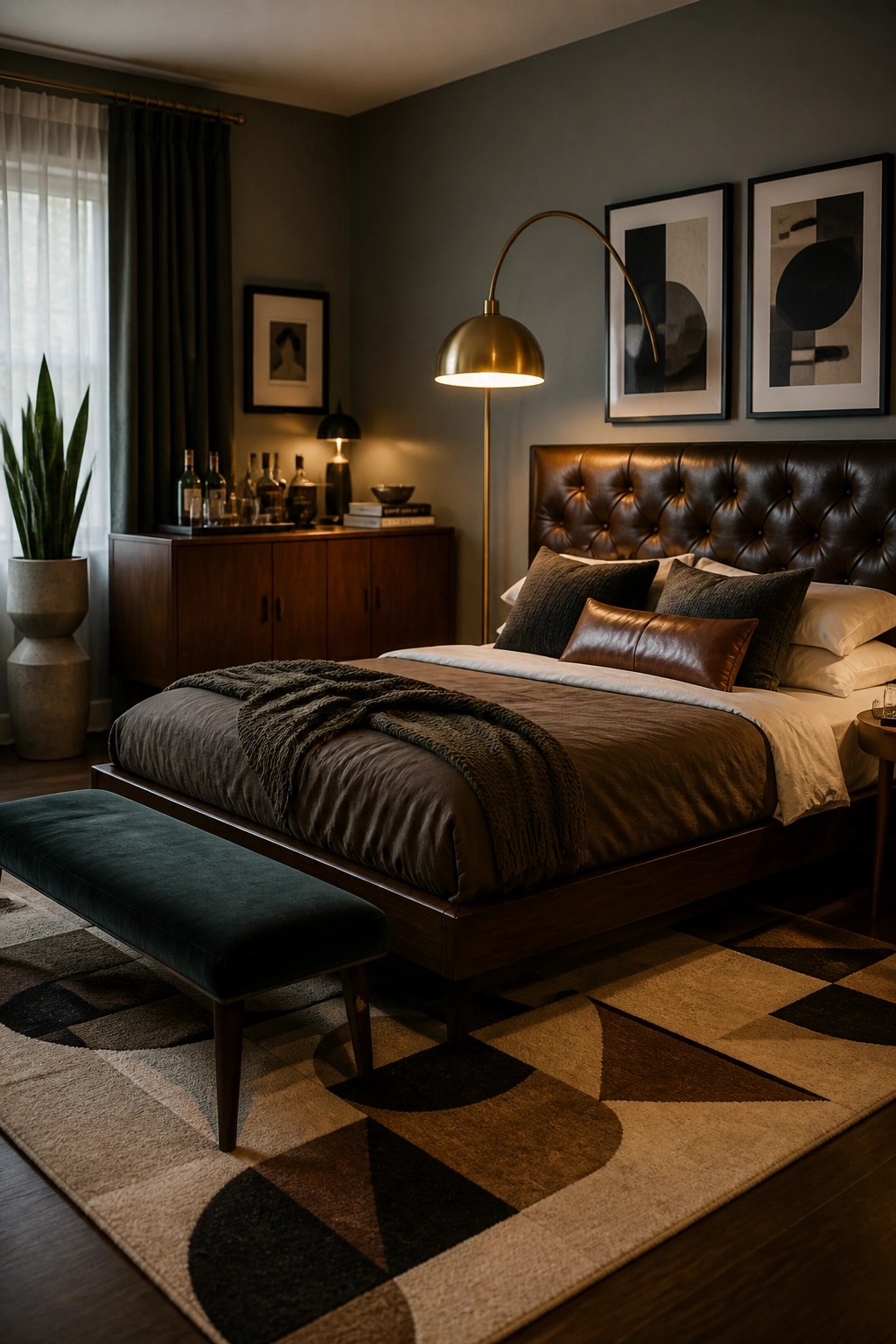 A bedroom featuring a large bed with a dark brown tufted leather headboard, dark bedding, a brass arched floor lamp, abstract framed art on a gray wall, and a geometric rug on the floor.