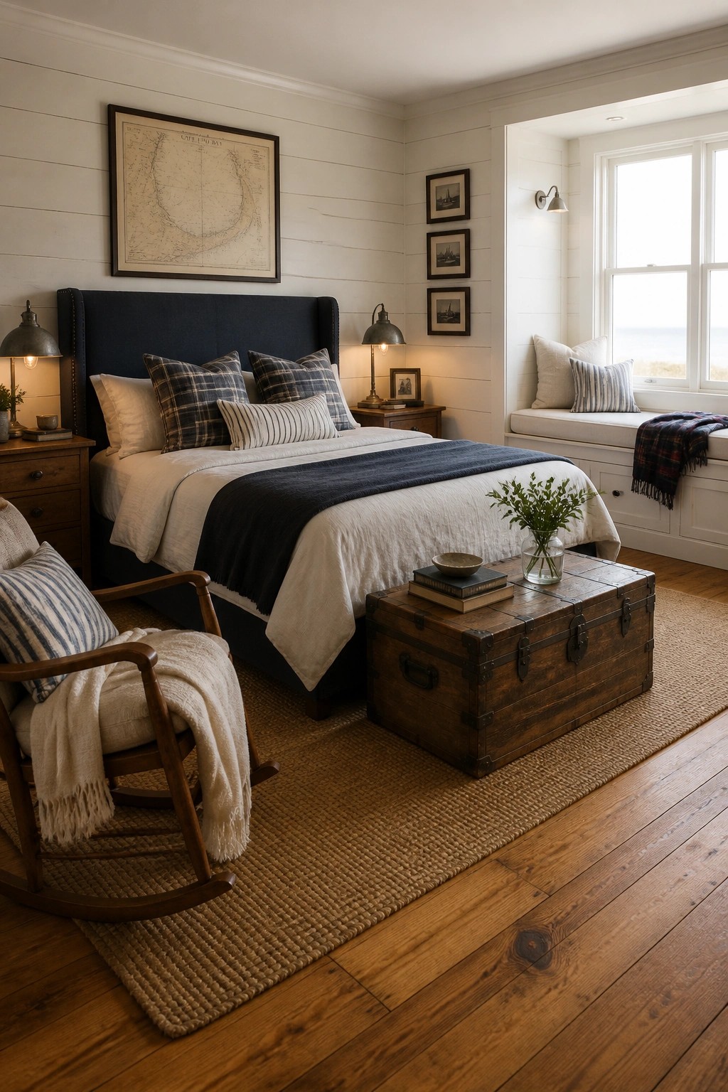 A bedroom with a navy upholstered bed, white and plaid linens, a large wooden trunk at the foot holding books and a vase, a wooden rocking chair, and a window seat with pillows.