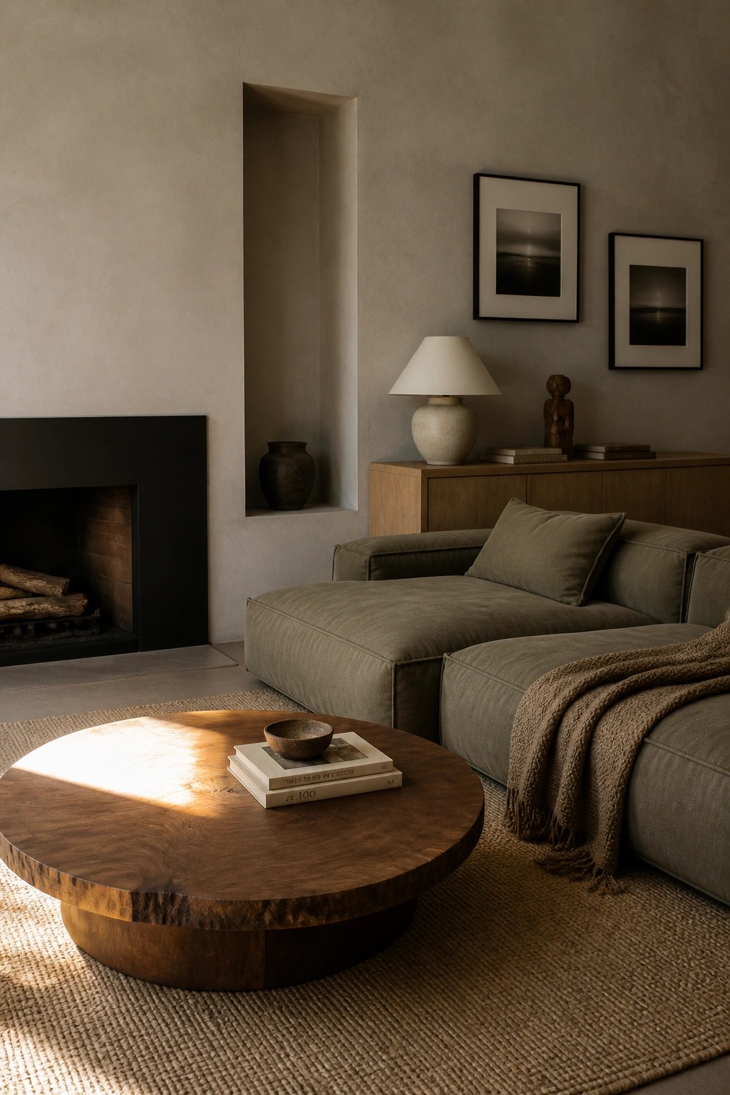 Modern living room with sage green sectional sofa, round wooden coffee table, and black fireplace.