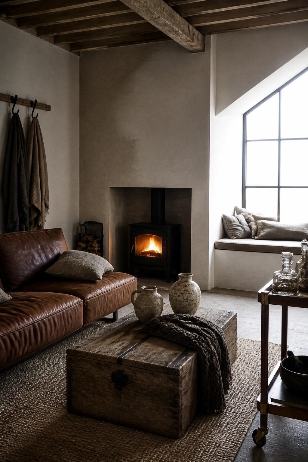 A living room featuring a brown leather sofa, wooden chest, and black wood-burning stove set into a recessed plaster fireplace.