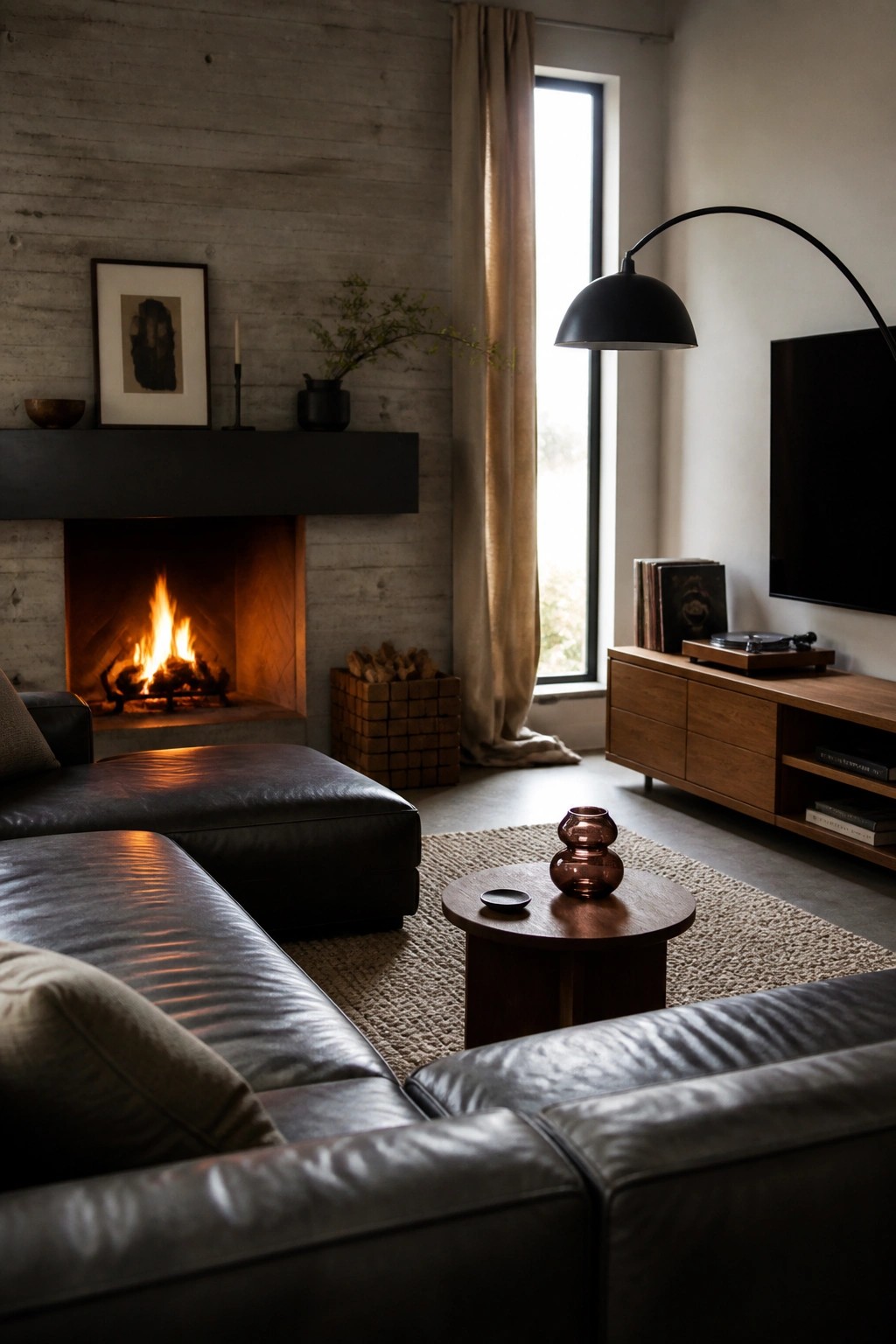 A living room with a lit fireplace in a concrete wall, dark leather sectional sofa in the foreground, wooden coffee table on a woven rug, and wooden media console with television to the right.