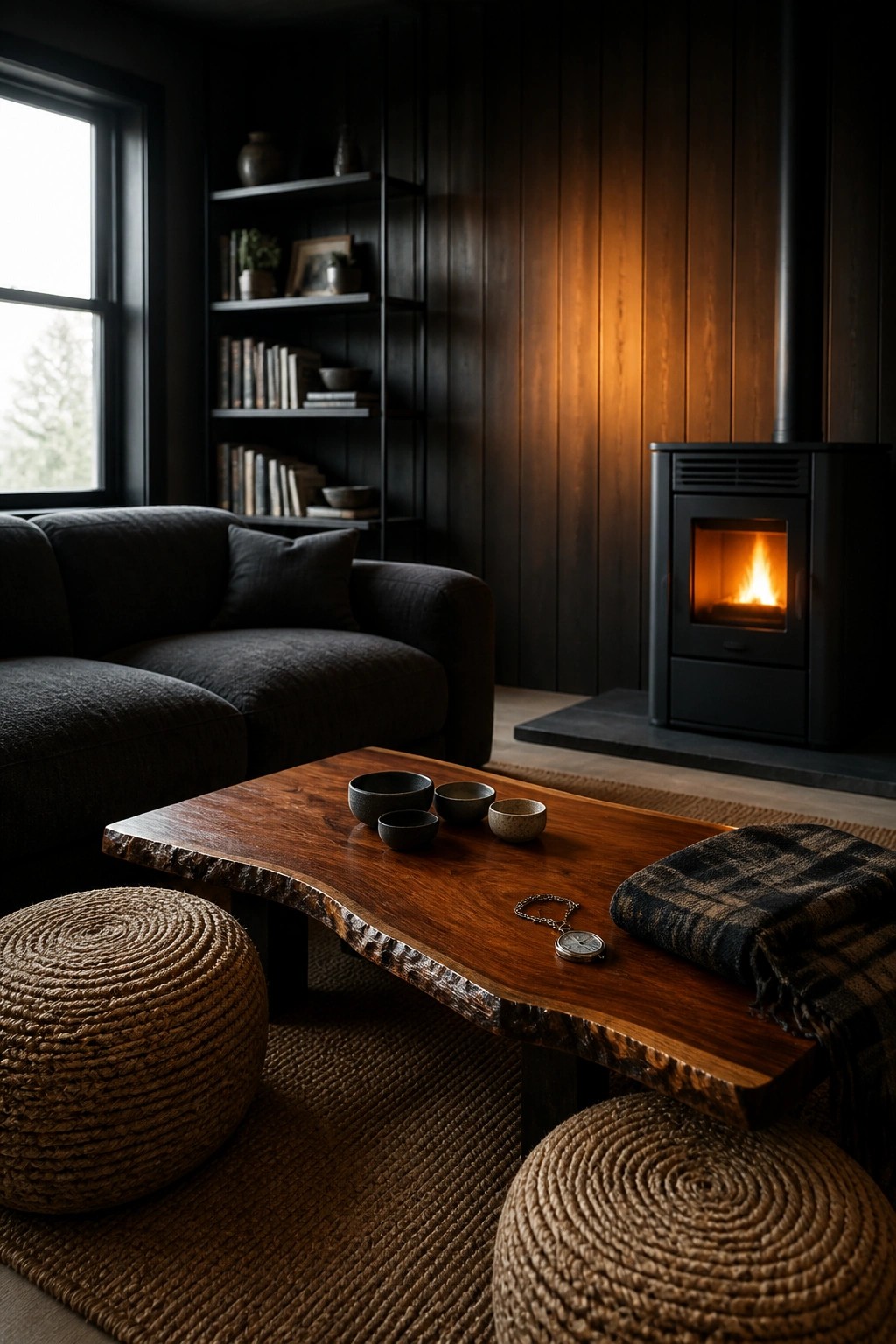 A living room with dark wood walls, a black wood stove with visible fire, a live-edge wood coffee table, dark sofa, and two woven poufs on a jute rug.
