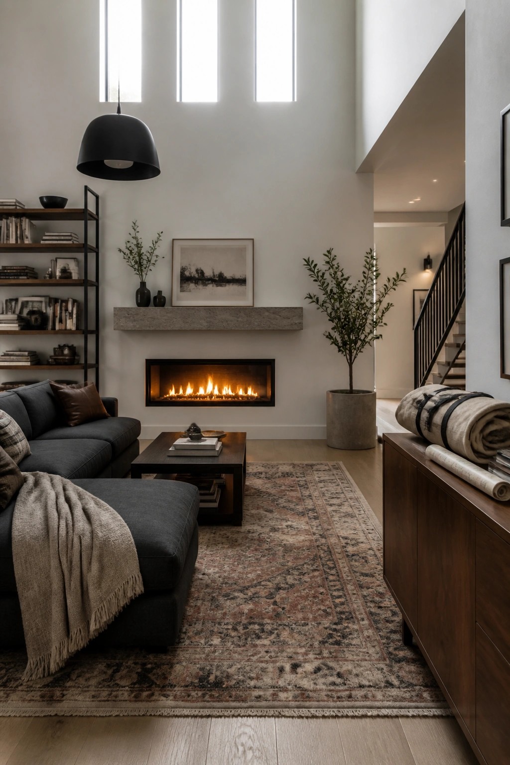 A living room with a dark sectional sofa, wooden coffee table, patterned area rug, and a linear fireplace set into a white wall.