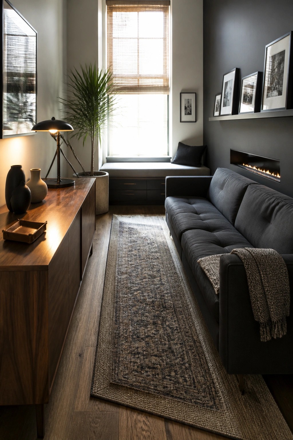 A narrow living room with a long wooden console table on the left, a dark gray tufted sofa on the right, a neutral runner rug, and a window seat at the far end.