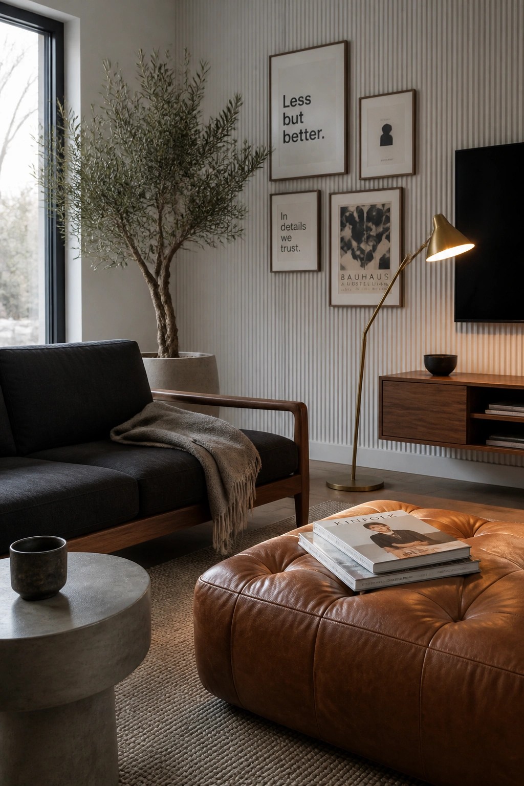Modern living room with gray sofa, leather ottoman, olive tree, and framed wall art