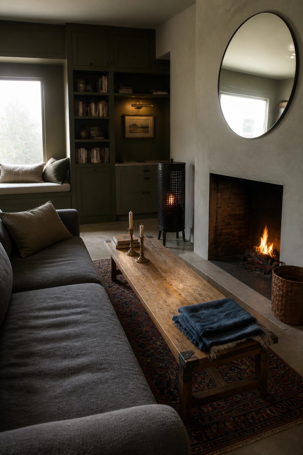 A living room with a gray sofa, long wooden coffee table with candles, fireplace, round mirror, and dark green built-in bookshelves filled with books.