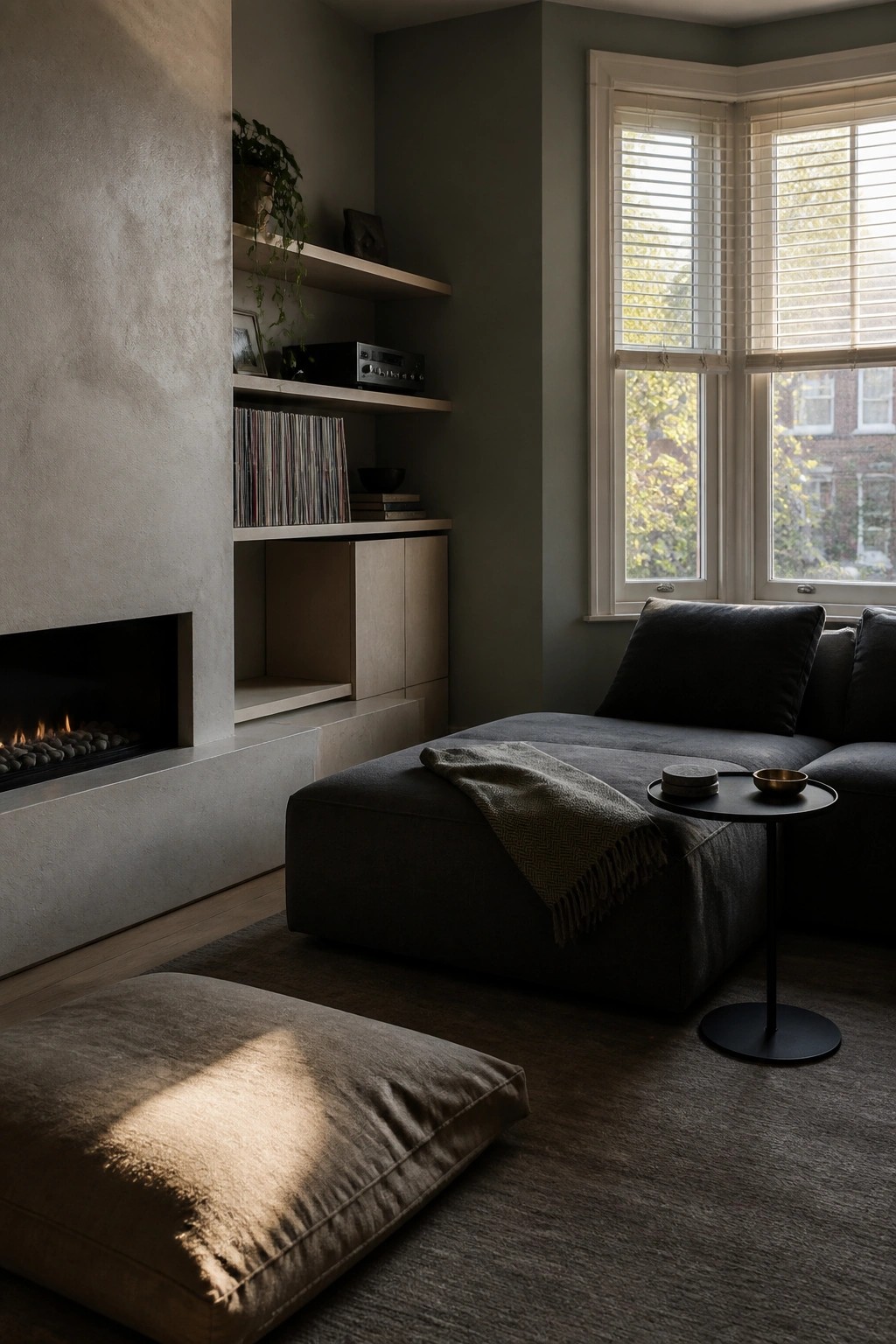A living room with a recessed fireplace set into a concrete wall, floating wooden shelves holding vinyl records and audio gear, a dark sectional sofa, and a bay window with blinds.
