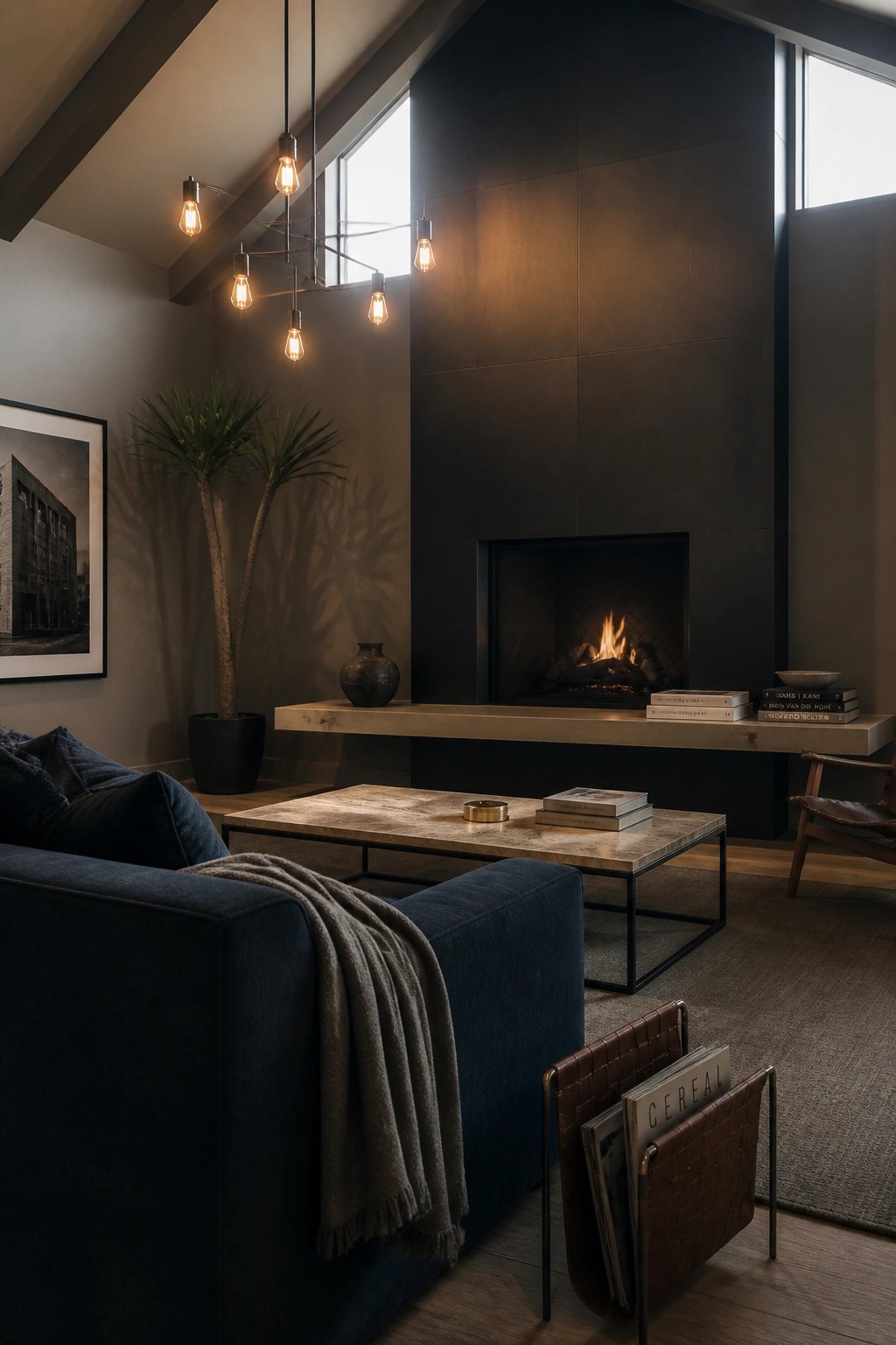 A modern living room featuring a dark fireplace wall, floating mantel, blue sofa, and hanging pendant lights with exposed bulbs.