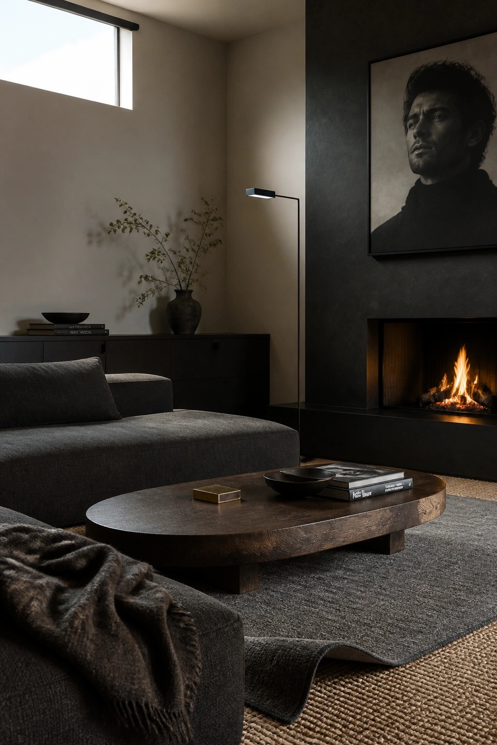 A dark minimalist living room featuring a low gray sectional, oval dark wood coffee table on a gray rug, and a lit fireplace beneath black and white artwork.