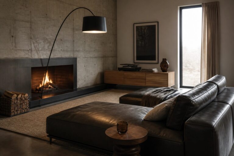 20 Minimalist Masculine Living Room Ideas That Still Feel Warm A living room with a lit fireplace in a concrete wall, dark leather sectional sofa in the foreground, wooden coffee table on a woven rug, and wooden media console with television to the right.