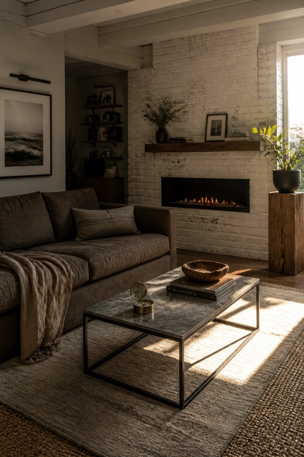 Cozy living room with brown sofa, marble coffee table, and white brick fireplace