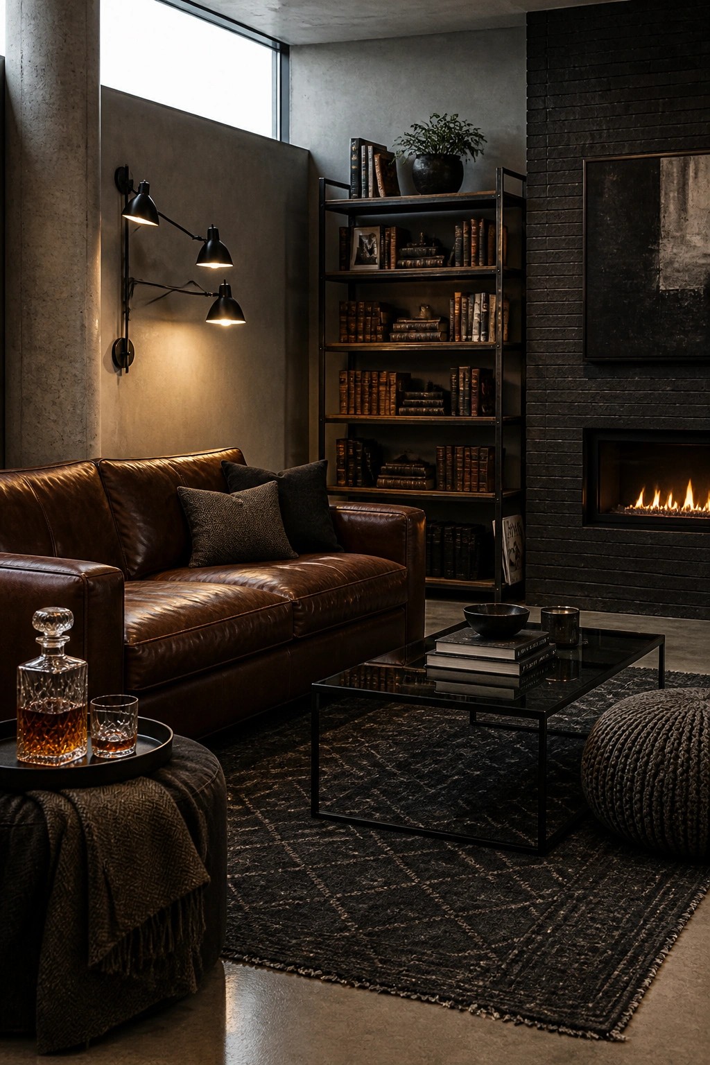 A modern living room featuring a brown leather sofa, black metal bookshelves filled with books, a dark patterned rug, a glass coffee table, and a fireplace set into a dark brick wall, with three black wall sconces providing warm light.