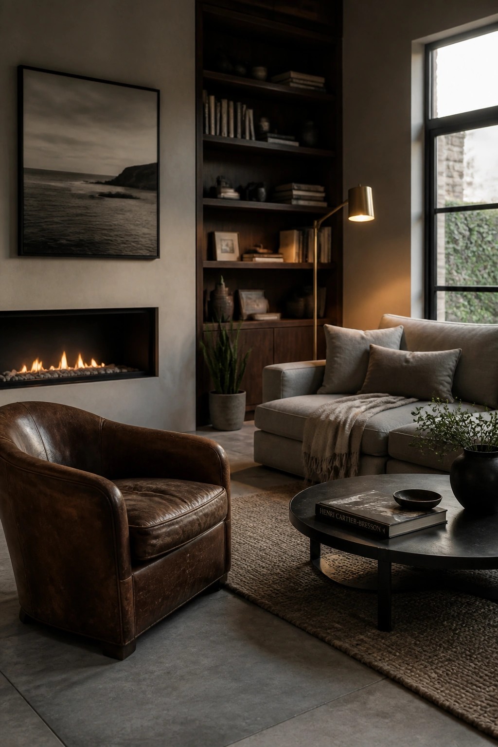 A living room with a brown leather armchair in the foreground, a gray sectional sofa, built-in dark wood bookshelves, a modern fireplace, and a round coffee table on a woven rug.