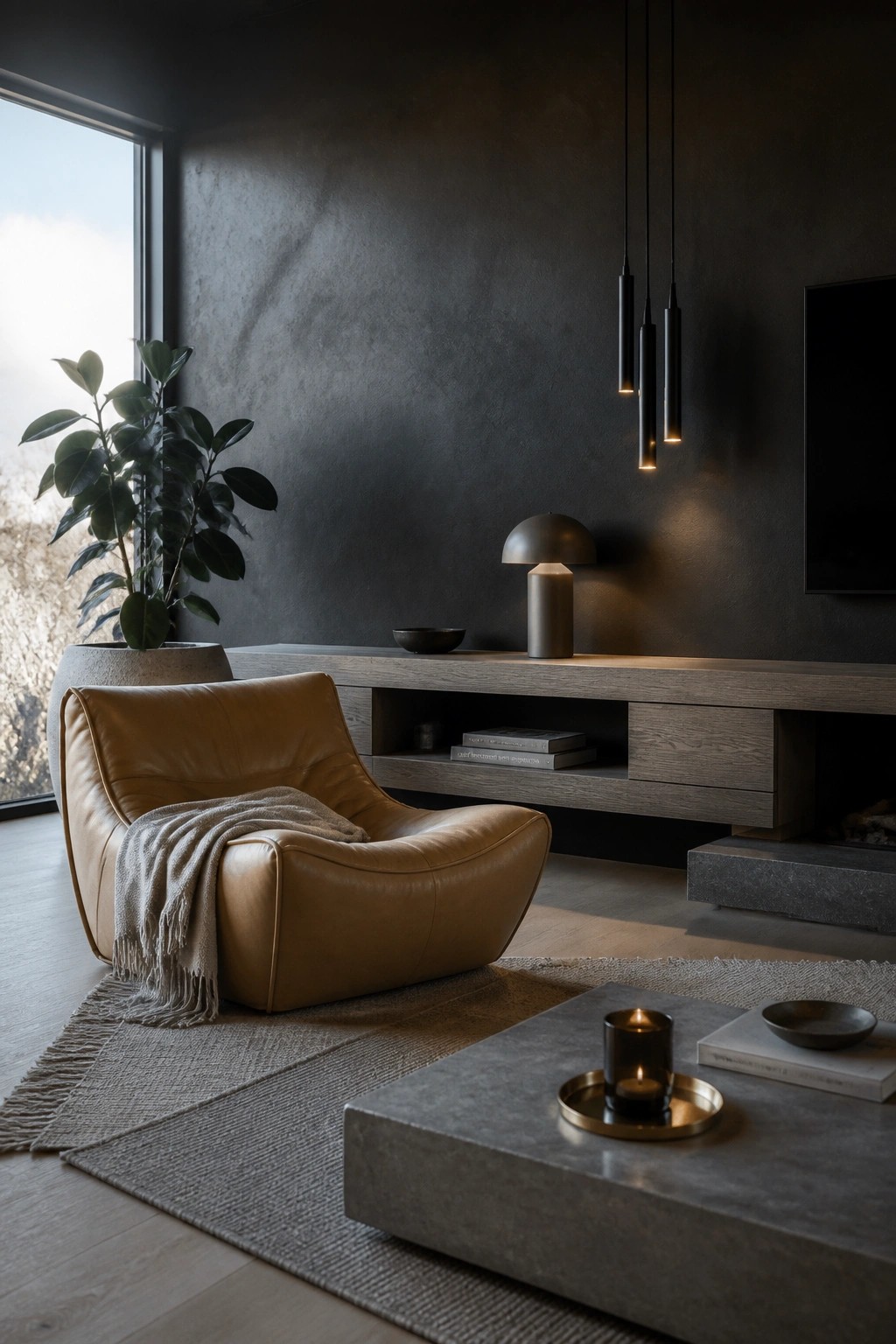 A living room with a tan leather armchair draped with a light throw blanket, positioned on a gray rug beside a concrete coffee table and a long wood console against a dark textured wall.