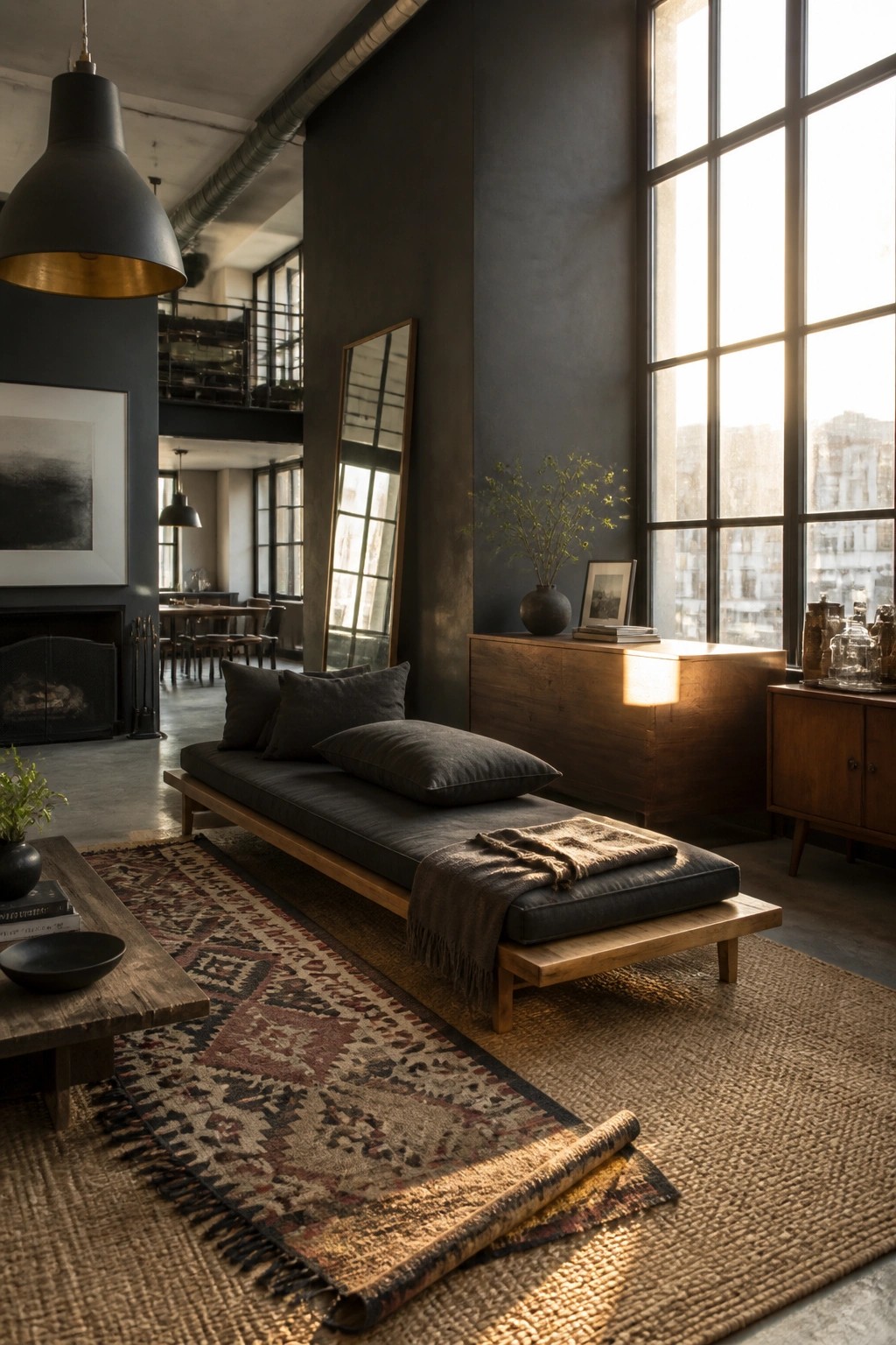 A minimalist living room with dark walls shows a low wooden daybed with dark cushions on layered rugs beside a large window and a wooden cabinet.