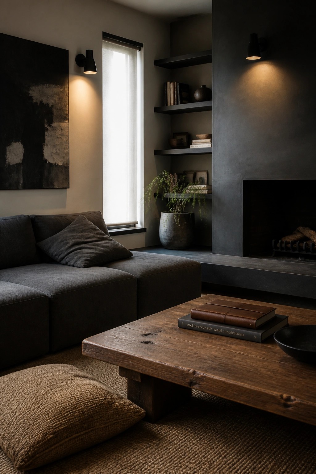 A living room with a dark gray sectional sofa, wooden coffee table with books on top, floating black shelves, a dark fireplace, and a large abstract painting on the wall.