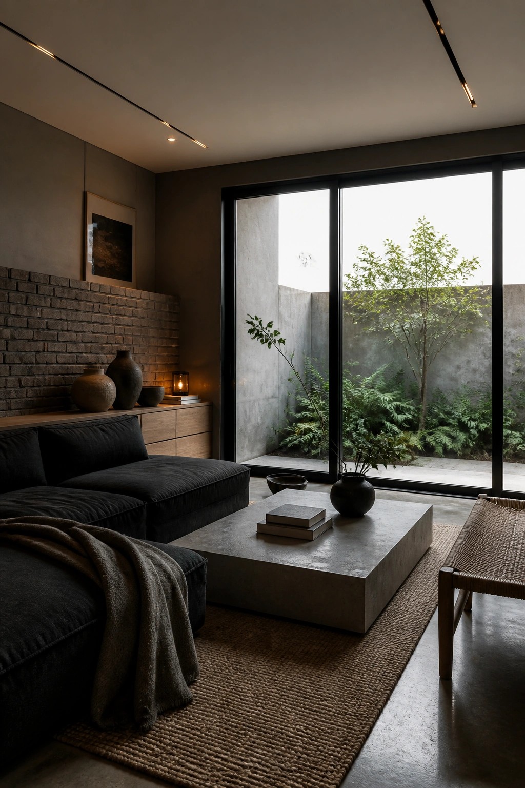 A minimalist living room featuring a dark sectional sofa, concrete coffee table on a woven rug, and large sliding glass doors leading to an outdoor garden area.