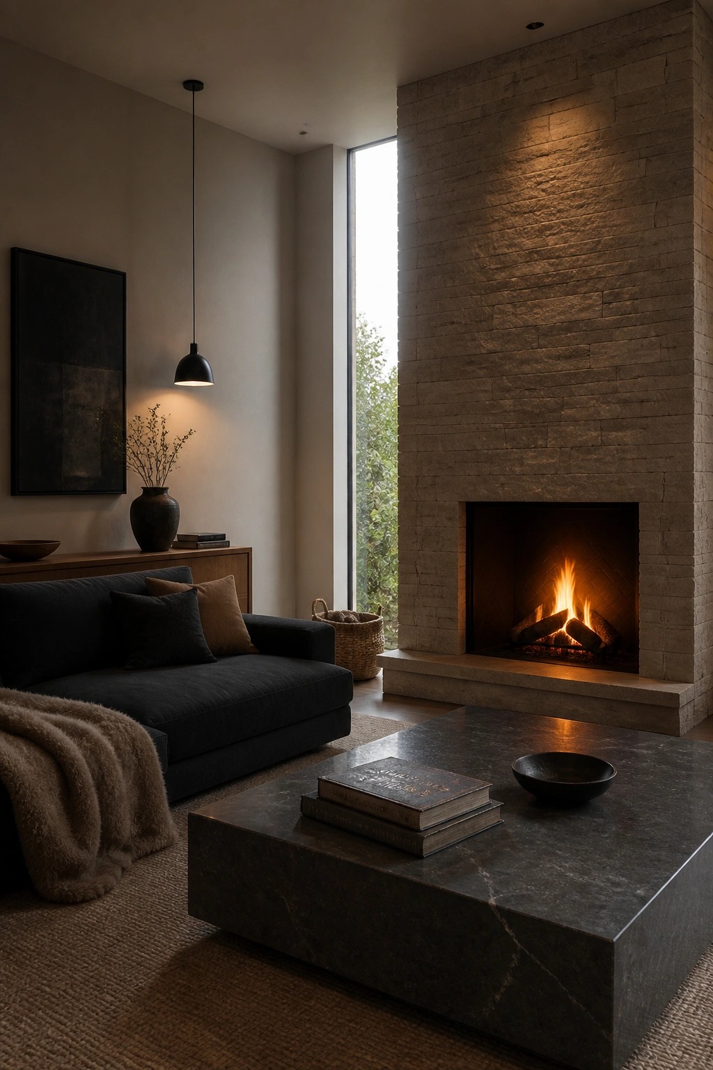 A living room with a tall stacked stone fireplace, burning fire, dark sofa, stone coffee table, and pendant light.
