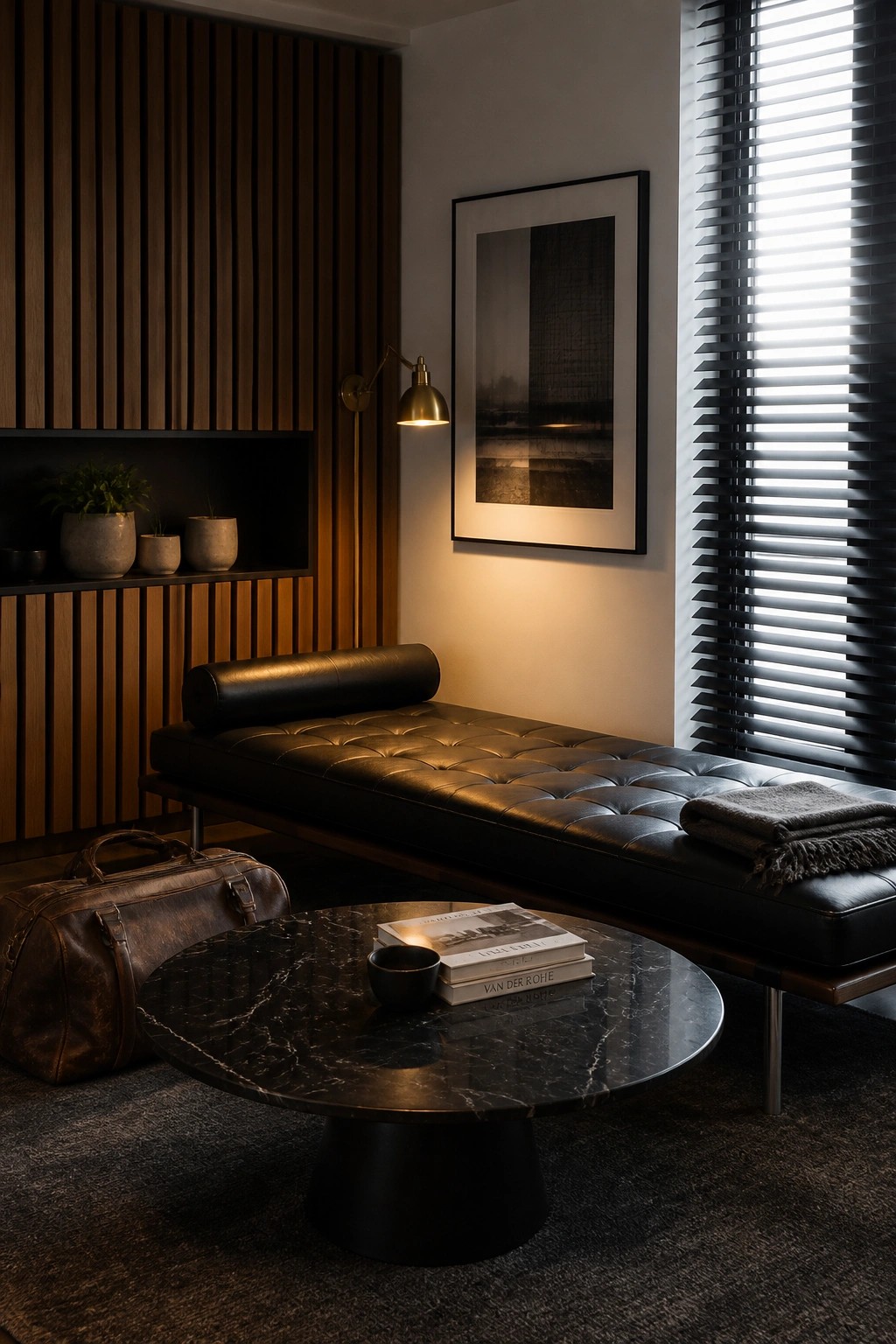 A modern lounge area with a black leather daybed against a vertical wood slat wall, a round marble coffee table, and a built-in niche holding potted plants.